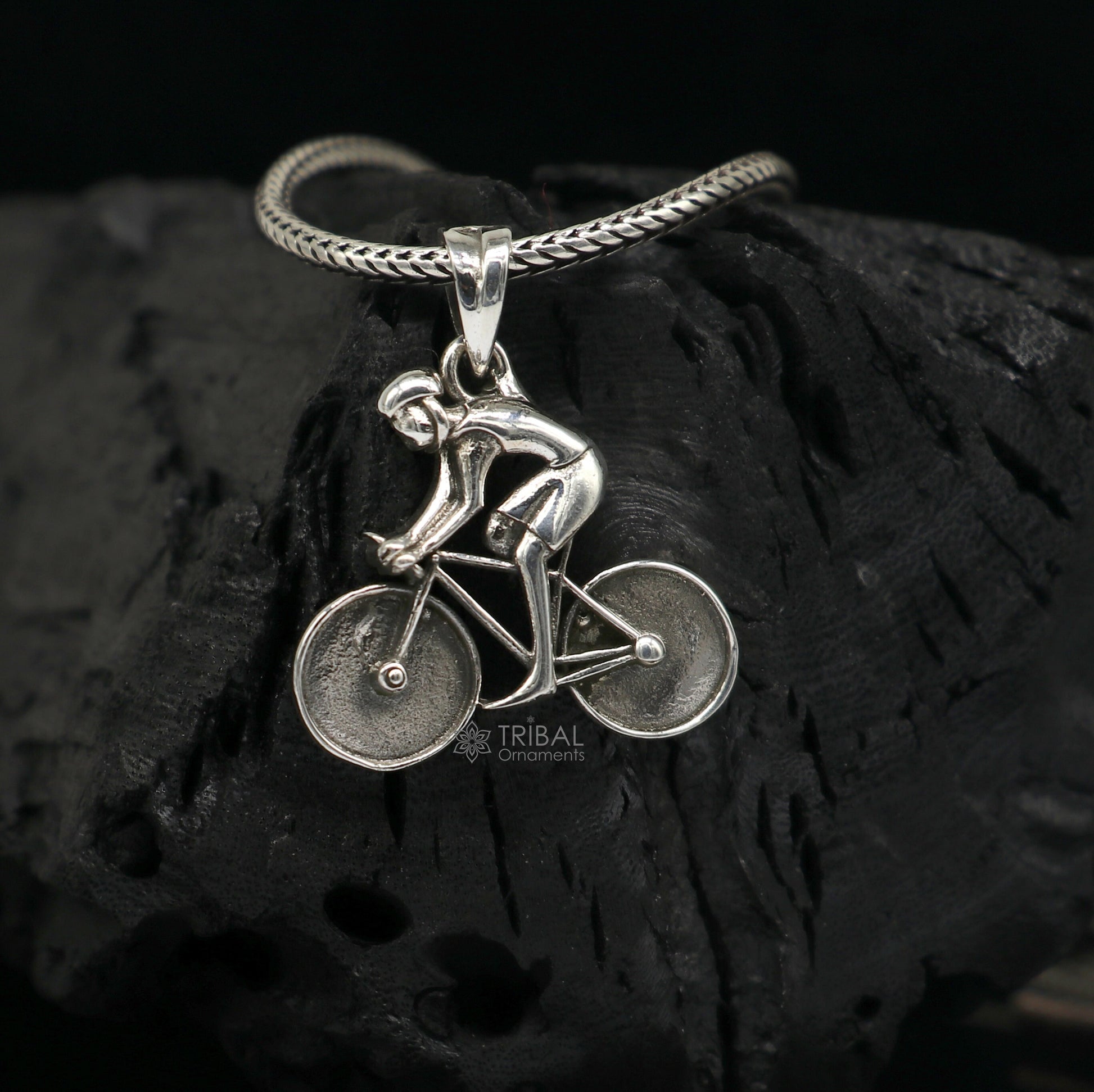 925 Sterling Silver Bicycle Pendant for bicycle lovers, sports jewelry, featuring a detailed cyclist and bicycle charm.