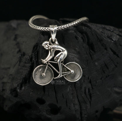 925 Sterling Silver Bicycle Pendant for bicycle lovers, sports jewelry, featuring a detailed cyclist and bicycle charm.