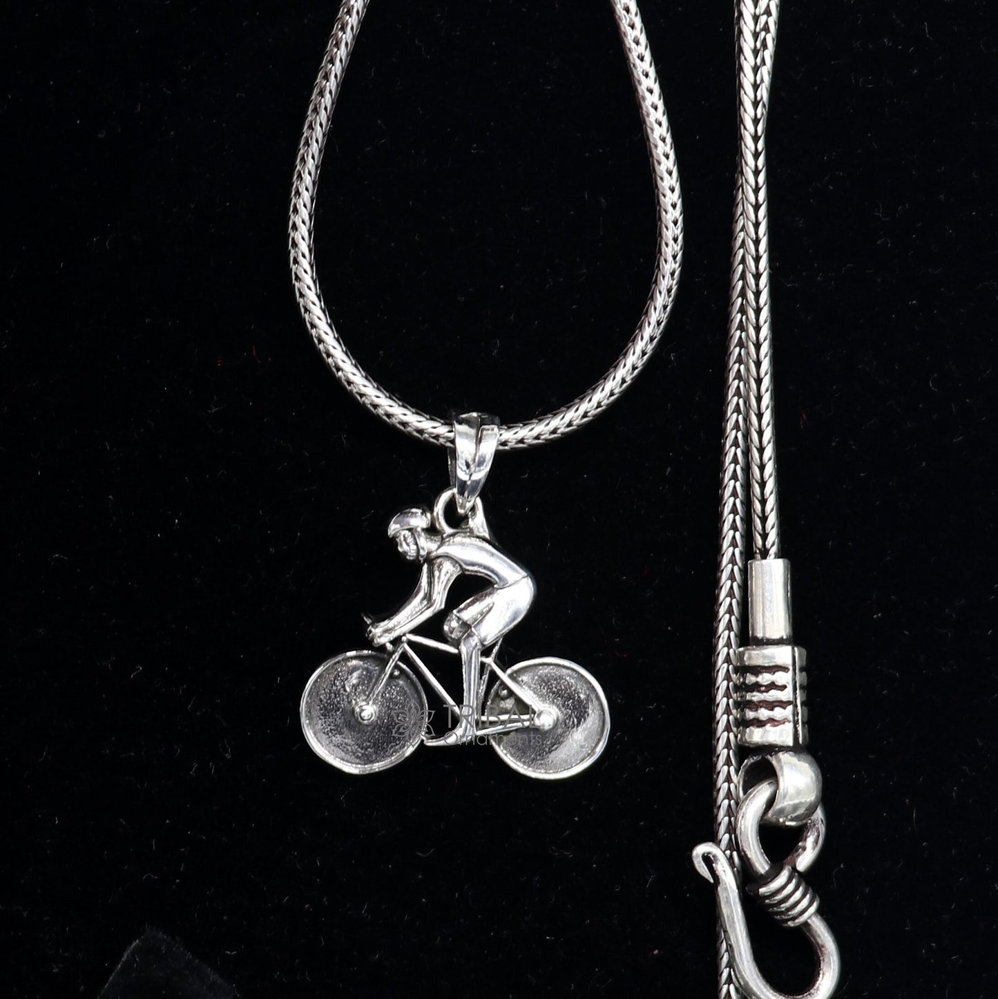 925 Sterling Silver Bicycle Pendant for necklace, detailed cyclist charm perfect for bike lovers and sports jewelry enthusiasts.
