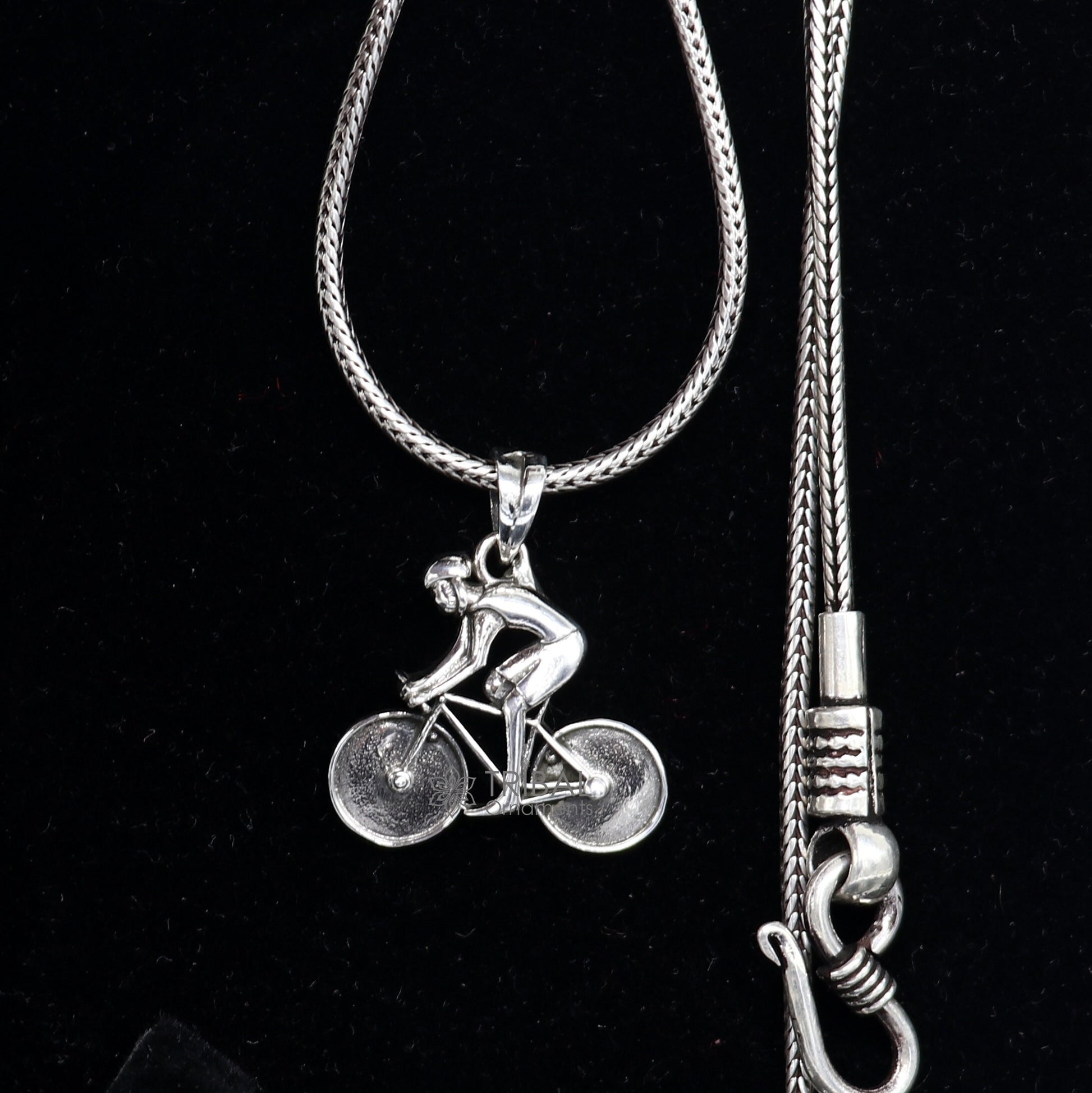 925 Sterling Silver Bicycle Pendant for necklace, detailed cyclist charm perfect for bike lovers and sports jewelry enthusiasts.