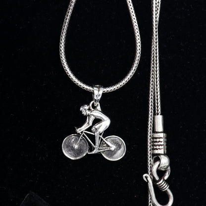 925 Sterling Silver Bicycle Pendant for necklace, detailed cyclist charm perfect for bike lovers and sports jewelry enthusiasts.