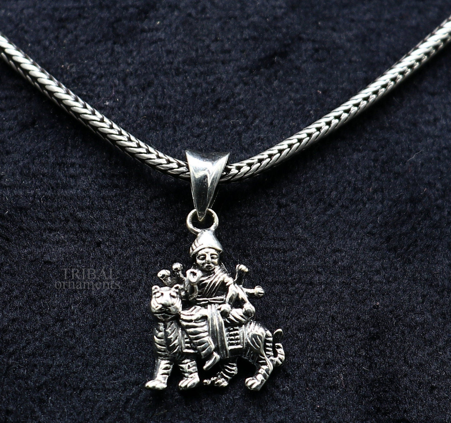 Unisex tribal jewelry pendant featuring 925 sterling silver Goddess Bhawani Durga Mataji design with intricate tribal detailing.