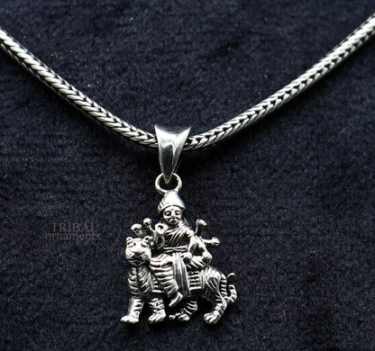 Unisex tribal jewelry pendant featuring 925 sterling silver Goddess Bhawani Durga Mataji design with intricate tribal detailing.