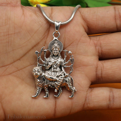 Unisex 925 sterling silver Goddess Bhawani Durga Mataji pendant, tribal jewelry with divine goddess design and intricate detailing.