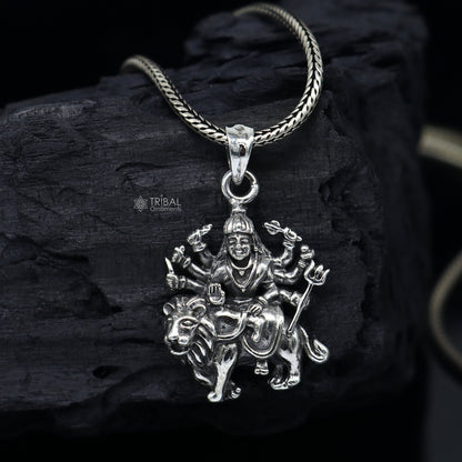 925 sterling silver Durga Mataji pendant with lion, tribal jewelry featuring divine goddess goddess Bhawani, unisex design