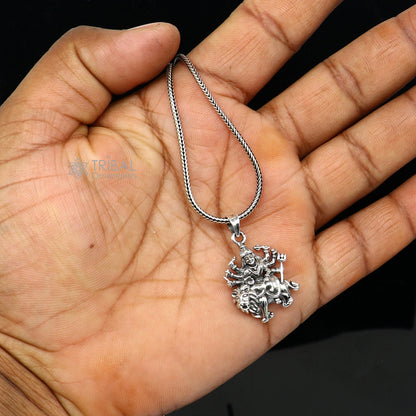 925 sterling silver Durga Mataji pendant with lion, tribal unisex jewelry, featuring divine goddess design from TRIBAL ORNAMENTS.