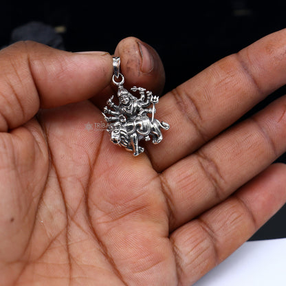 Unisex tribal jewelry pendant featuring 925 sterling silver Durga Mata with lion motif, divine goddess design from TRIBAL ORNAMENTS.