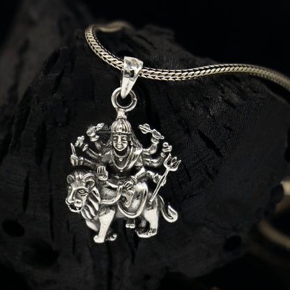 Unisex tribal jewelry pendant featuring 925 sterling silver Bhawani Durga Mata with lion design, divine goddess tribal pendant.