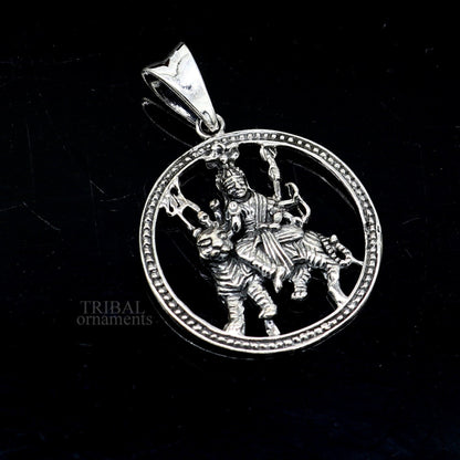 925 sterling silver Goddess Bhawani Durga Mataji pendant with lion design, tribal unisex jewelry by TRIBAL ORNAMENTS