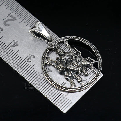 925 sterling silver Goddess Bhawani Durga Mataji pendant with lion motif, unisex tribal jewelry by TRIBAL ORNAMENTS.