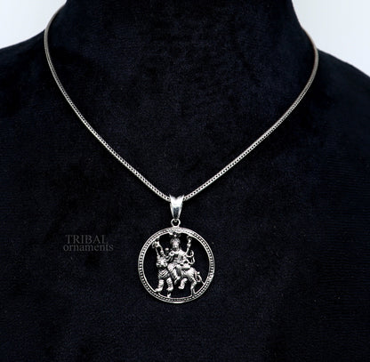 925 sterling silver Goddess Bhawani Durga Mataji pendant with lion, unisex tribal jewelry, detailed divine goddess design.