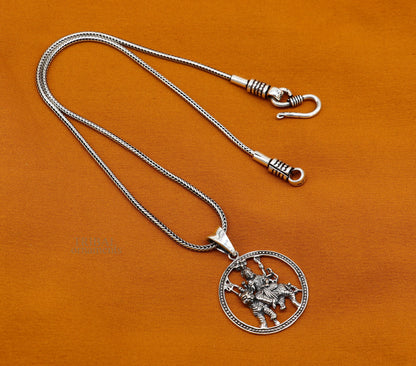 925 sterling silver Goddess Durga Mataji pendant with lion, unisex tribal jewelry by TRIBAL ORNAMENTS.
