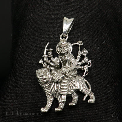 925 sterling silver Goddess Durga Mataji pendant with lion, tribal unisex jewelry, detailed divine goddess locket from Tribal Ornaments