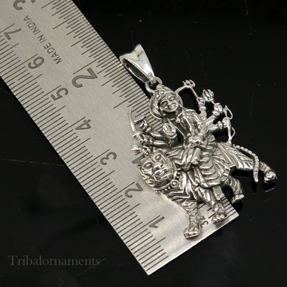 925 sterling silver Goddess Bhawani Durga Mataji pendant with lion, unisex tribal jewelry, intricate divine jewelry piece
