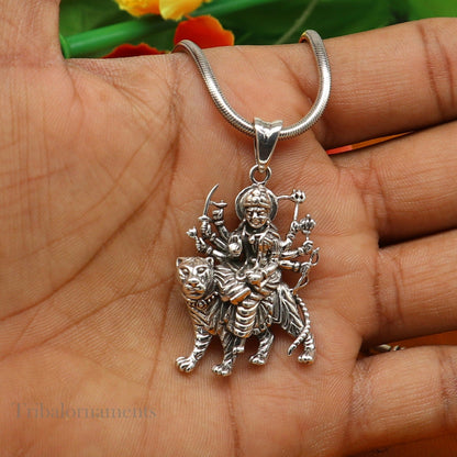 925 sterling silver Goddess Bhawani Durga Mataji pendant with lion, tribal unisex jewelry, detailed divine goddess tribal ornament