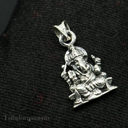 925 sterling silver Lord Ganesha blessing pendant, handcrafted unisex jewelry with intricate tribal design from India.