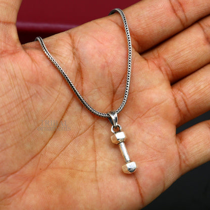 Sterling silver barbell dumbbell pendant from TRIBAL ORNAMENTS, unisex jewelry with a sleek, elegant design from India.