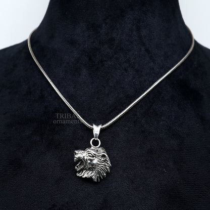 Elegant 925 sterling silver lion face pendant by Tribal Ornaments, handcrafted unisex jewelry with detailed tribal design.
