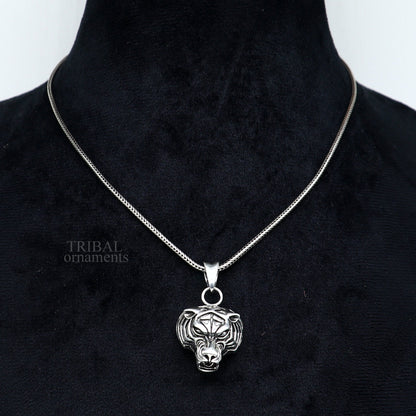 Elegant 925 sterling silver tiger face pendant by Tribal Ornaments, unisex handmade jewelry, detailed tribal design for gifting.