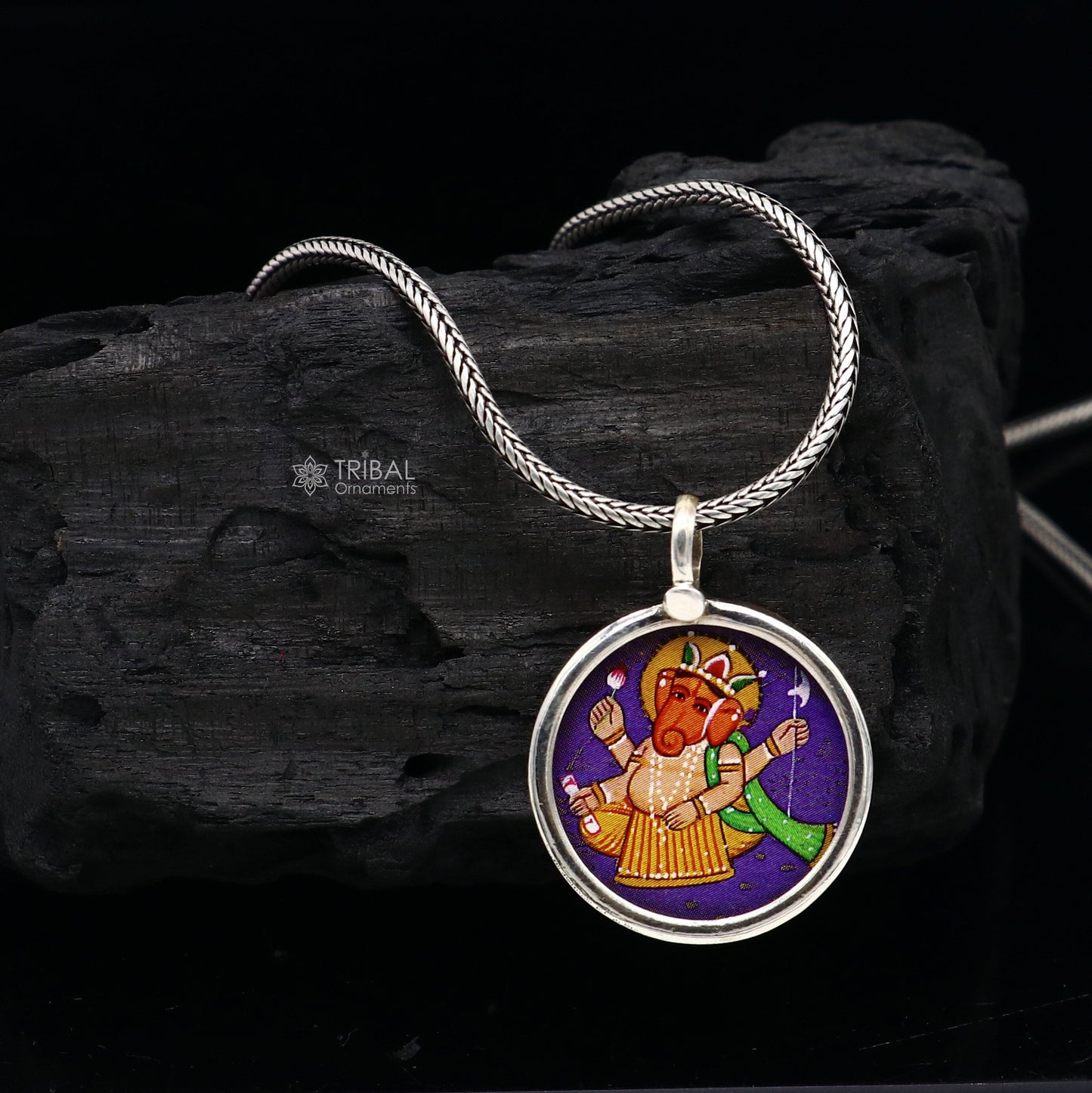 Exclusive 925 sterling silver handmade idol God Ganesha pendant, amazing painting pendant unisex gifting functional kavacham jewelry nsp767 - TRIBAL ORNAMENTS