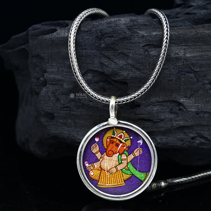 Sterling silver handmade Ganesha pendant with intricate painting, unisex design, perfect for gifting jewelry by TRIBAL ORNAMENTS.
