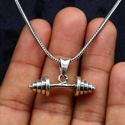 925 sterling silver barbell dumbbell pendant, unisex jewelry with exclusive tribal design from India by TRIBAL ORNAMENTS