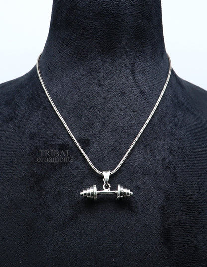 Sterling silver barbell dumbbell pendant by TRIBAL ORNAMENTS, unisex jewelry with unique, stylish design from India.