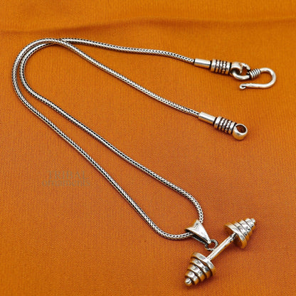 925 sterling silver unisex barbell dumbbell pendant with intricate tribal design, stylish jewelry from India.