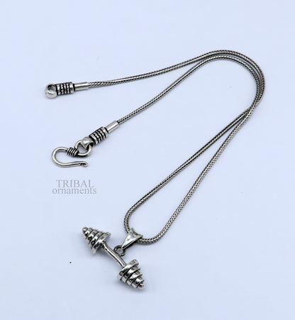 Sterling silver barbell dumbbell pendant from TRIBAL ORNAMENTS, unisex jewelry with unique Indian-inspired design.