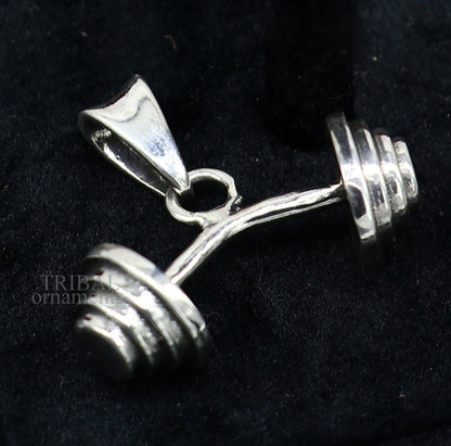 Sterling silver barbell dumbbell pendant by Tribal Ornaments, unisex jewelry with unique, stylish Indian-inspired design.