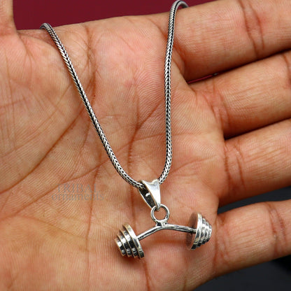 Unisex 925 sterling silver barbell dumbbell pendant with tribal design, stylish jewelry from India by TRIBAL ORNAMENTS.