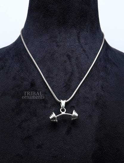 Unisex 925 sterling silver barbell dumbbell pendant with tribal design, stylish jewelry from India, exclusive tribal ornaments.