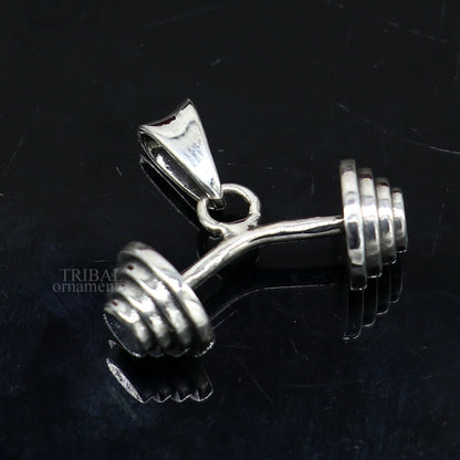 Unisex 925 sterling silver barbell dumbbell pendant with tribal design, stylish jewelry from India by TRIBAL ORNAMENTS.