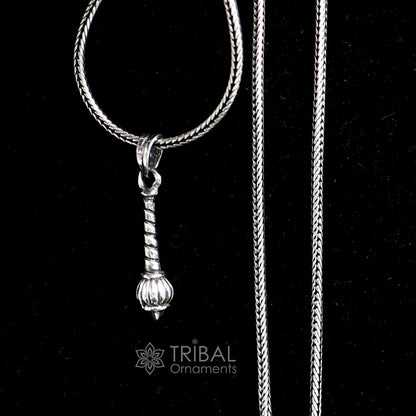 Sterling silver Hanuman mace pendant with Bgota/Gada Sakha design, unisex style, detailed tribal ornament craftsmanship.