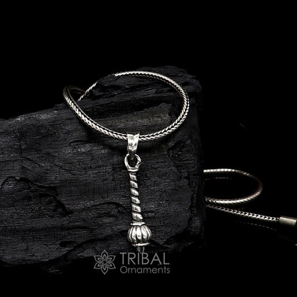 Sterling silver Hanuman mace pendant with Bgota Gada Sakha design, unisex tribal ornament, stylish gold-tone gift jewelry.