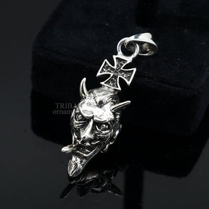 Sterling silver Devil cross pendant by TRIBAL ORNAMENTS, stylish unisex hip-hop jewelry with intricate tribal design.