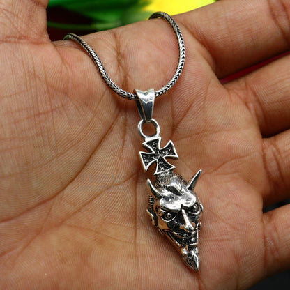 925 sterling silver Devil cross pendant by TRIBAL ORNAMENTS, stylish unisex hip-hop jewelry with intricate design.