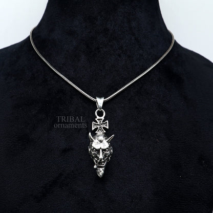 925 sterling silver Devil cross pendant from Tribal Ornaments, stylish unisex hip-hop jewelry with intricate tribal design.