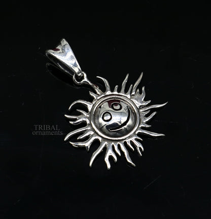 Handmade 925 sterling silver sun face pendant with ethnic design, showcasing vintage tribal jewelry craftsmanship.