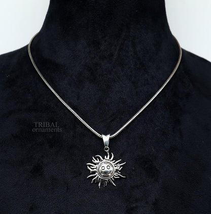 Handmade 925 sterling silver sun face pendant with intricate ethnic design, showcasing divine tribal jewelry craftsmanship.
