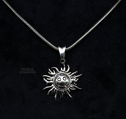 Handmade 925 sterling silver sun face pendant from TRIBAL ORNAMENTS, featuring a vintage ethnic divine jewelry design.