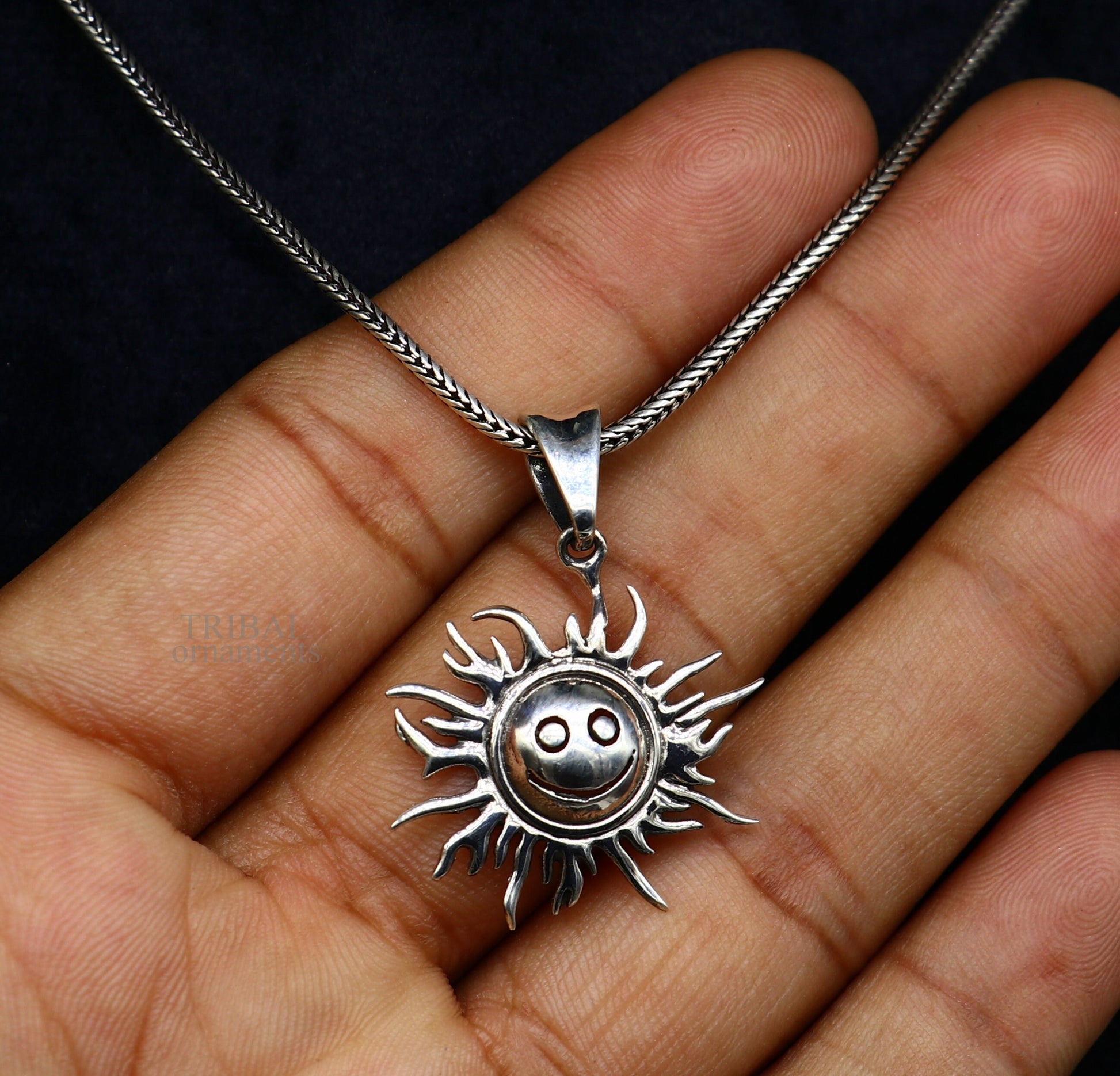 Handmade 925 sterling silver sun face pendant from TRIBAL ORNAMENTS, featuring a vintage ethnic divine jewelry design.