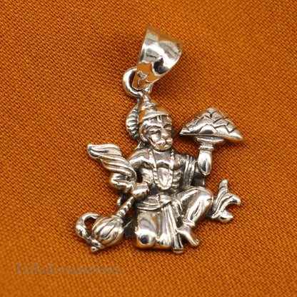 Sterling silver Hanuman idol pendant with mount, handmade tribal jewelry featuring intricate craftsmanship and divine god figure.