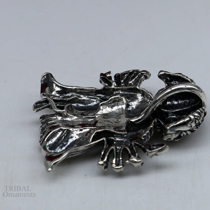 Sterling silver Lord Panchmukhi Hanuman pendant, handmade tribal jewelry featuring Hindu deity in intricate design.
