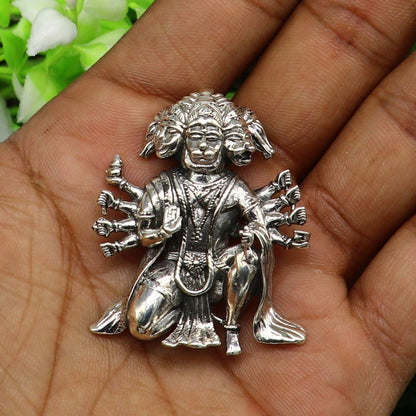 Sterling silver Lord Panchmukhi Hanuman pendant, handmade unisex jewelry by TRIBAL ORNAMENTS, featuring Hindu deity design.