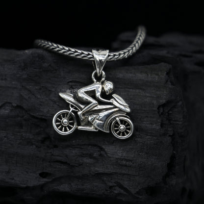 Sterling silver bike pendant by Tribal Ornaments, unisex motorcycle jewelry, stylish bike lover accessory, NSP690.