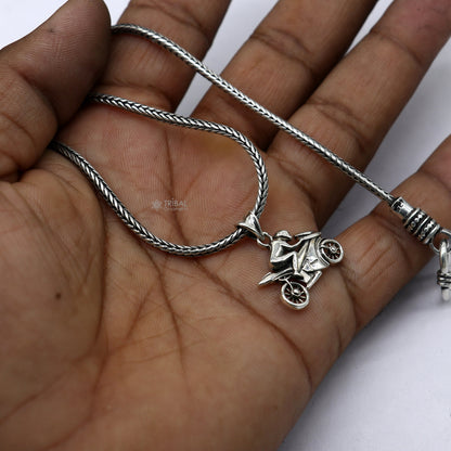Sterling silver bike pendant, stylish unisex jewelry for bike lovers, crafted by Tribal Ornaments.