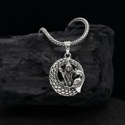 Sterling silver Divine Lord Murugan Karthikeya pendant, vintage handmade design with intricate detailing, elegant jewelry piece.