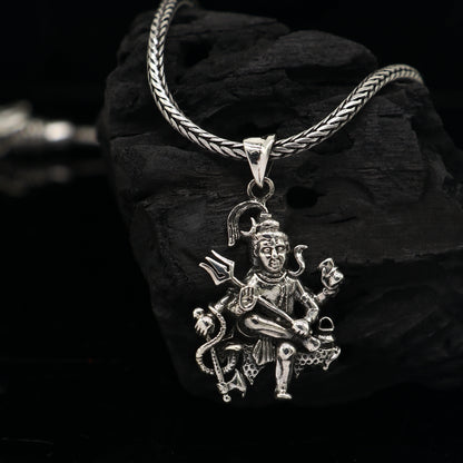 925 sterling silver Lord Mahakal pendant featuring intricate divine Shiva design, tribal-style jewelry necklace.