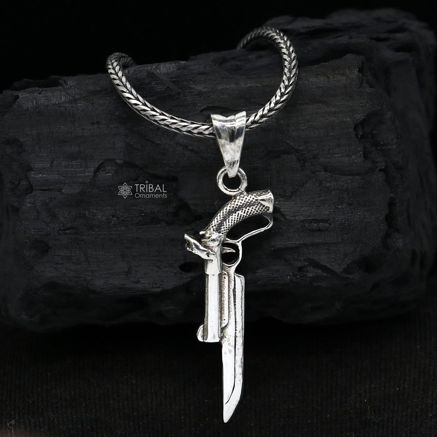 Sterling silver gun pendant by Tribal Ornaments, unisex revolver jewelry, stylish and unique jewelry gift accessory.